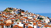 White houses with red roofs in Skopelos town, Greece. .