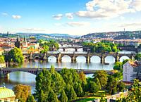 Row of bridges in Prague at summer day.