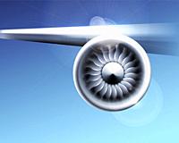 Turbine engine jet for airplane with fan blades in a circular motion. Vector illustration for aircraft industry. Close-up on a blue sky background.