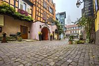 scenic lane of the tourist destination Riquewihr, village of the Alsace Wine Route, France, cobblestone lane with vine and flower decoration in the au...