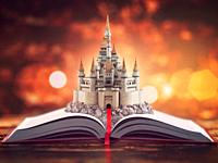 Open story book with fairy tale castle. 3d illustration.