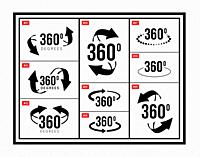 A set of signs 360 degrees in different versions. 3d arrows rotating. Black and white signs symbols set. Vector illustration.