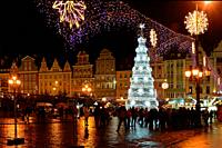 Christmas market on the Market square at the Old town of Wroclaw in the evening - Poland.