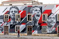 PORTIMAO, PORTUGAL: 20th MAY 2018 - Graffiti painting of several celebrities including Cristiano Ronaldo soccer player.