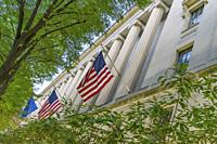Facade Flags Robert F Kennedy Justice Department Building Pennsylvania Avenue Washington DC Completed in 1935. Houses 1000s of lawyers working at Just...