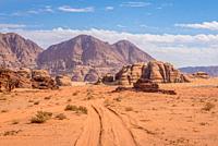 Desert road in Wadi Rum valley also called Valley of the Moon in Jordan.
