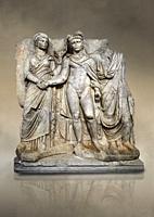 Roman Sebasteion releif sculpture of emperor Claudius and Agrippina, Aphrodisias Museum, Aphrodisias, Turkey. Against an art background. . . Claudius ...
