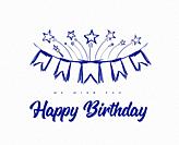 Happy birthday congratulations with flags on ribbons and fireworks from stars. Vector hand drawn illustration in doodle style on white.
