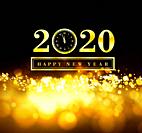 Happy New Year 2020 with gold particles and a clock in the number zero. Vector golden illustration on a dark background.