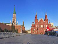Nikolskaya tower of Moscow Kremlin and State History Museum, Red square, Moscow, Russia.