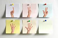 Five colorful Post It messages fixed to the wall with images of fingers indicating numbers and an empty one.