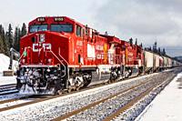 Bright red Canadian Pacific Locomotives at the railway station in Banff Alberta Canada.