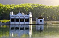 fishing cabin on the lake of banyoles, girona, catalonia, spain.