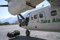 Aircraft of Tara Air at Jomsom airport, Lower Mustang, Nepal.