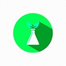Conical flask icon with two leaves and shadow on a green circle. Flat color vector pharmacy illustration