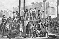 Execution by guillotine of Maximilien Robespierre (born 1758, died 1794), and Louis Antoine de Saint-Just (born 1767, died 1794). French polticians du...