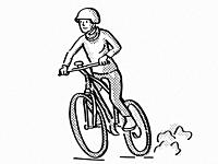 Retro cartoon style drawing of a female cyclist riding on an electric bicycle or e-bike on isolated white background done in black and white