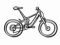Retro cartoon style drawing of an electric bicycle or e-bike on isolated white background done in black and white