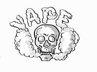 Tattoo cartoon style drawing illustration of a human vaper skull vaping puffing smoke the text Vape on isolated background done in black and white.