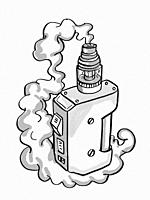 Tattoo cartoon style drawing illustration of a vape electronic cigarette or vaper smoking with puff of smoke on isolated background done in black and ...