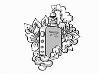 Tattoo cartoon style drawing illustration of a vape electronic cigarette or vaper smoking with leaves and flower on isolated background done in black ...