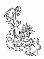 Tattoo cartoon style drawing illustration of Statue of Liberty Holding Vape Electronic Cigarette or vaper smoking with puff of smoke on isolated backg...