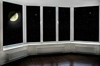 View from window to night sky with stars and shining moon. window with view to Moon and dark night sky. Stars and moon visible from indoor window. Nig...