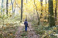Child with metal detector in the forest in autumn.