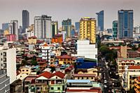 An Elevated View Of The Phnom Penh Skyline, Phnom Penh, Cambodia.