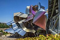 Spain, La Rioja Area, Alava Province, Elciego, elevated town view and Hotel Marques de Riscal, designed by Architect Frank Gehry.
