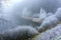 Zugefrorener Teich des Oberharzer Wasserregal, Teil des UNESCO Welterbe im Harz, Clausthal-Zellerfeld, Niedersachsen, Deutschland | Frozen pond of the...