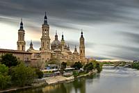View of the Basilica of Our Lady of Pilar, at sunset in Zaragoza Aragon Spain.