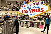 A souvenir shop in Las Vegas (U. S. A) inside a Hotel, with a recreation of the Welcome to fabulous Las Vegas sign. One of the symbols of this city.