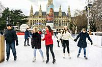 Vienna, Austria, Austrian Teenagers Ice Skating in Front of City Hall Building, Rathaus,.