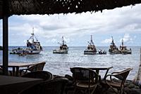 View of boats from bar on the beach, Cidade Velha, Cape Verde.