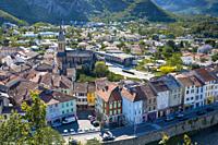 Aerial view of the town of Tarascon sur Ariege. France.