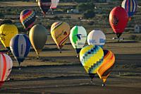 Hot air balloons in flight participating in the XXI FAI Europeans hot air balloon championship 2019, Spain, Balearic Islands, Mallorca.