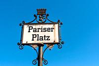 Antique street name sign of the Pariser Square near Brandenburg Gate (Pariser Platz) in Berlin, Germany - detail.