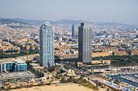 Aerial view of barcelona: Mapfre Tower, Hotel Arts and Olympic port
