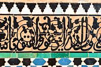 Ali ben Youssef Madrasa exterior ceramic tiles patterns in Marrakesh, Morocco.