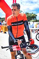 Former cyclist Miguel Induráin at the end of the race in Madrid, Spain Jun 13, 2020. The former Tour de France winner cyclist competes in a MTB time t...