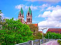 Church of the Sacred Heart, Freiburg, Black Forest, Germany, as seen as from the Wiwili-Brucke bridge.