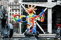 France Paris 12 - 2019: The Stravinsky Fountain a public fountain ornamented with works of sculpture, representing the works of composer Igor Stravins...