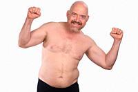 shirtless man arms up on white background.
