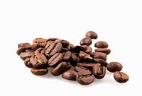 Coffee beans isolated on white background. A coffee bean is a seed of the Coffea plant and the source for coffee.