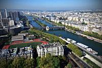 Bird-eye view of the Seine River in Paris viewed from the Eiffel Tower.