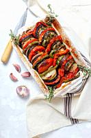 Homemade Ratatouille. Traditional French stew of summer vegetables. Healthy food. Vegan food concept.