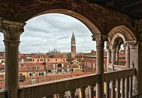 View of the roofs of Venice, with the Basilica of San Marco and the Campanile, from the Scala del Bovolo.