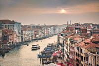 Aerial view of the Grand Canal in Venice at sunset.
