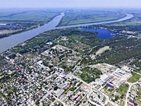 DANUBE DELTA, VYLKOVE, ODESSA OBLAST, UKRAINE - JULY 11-15, 2020: Aerial view on the Danube Biosphere Reserve in Danuble delta.